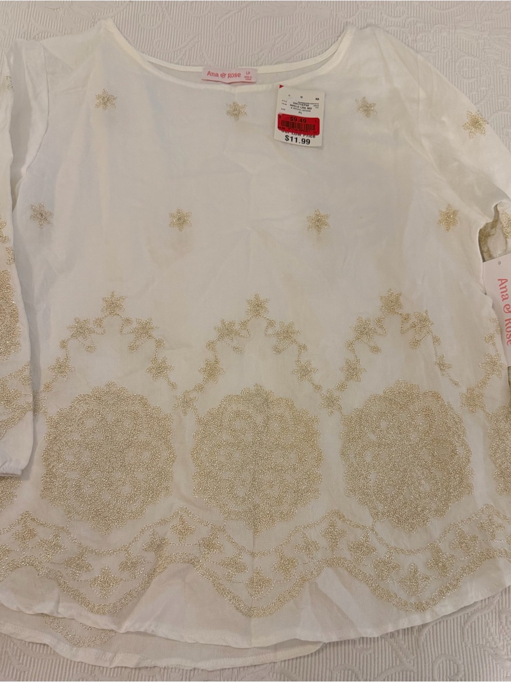 Ana & Rose Women's PL Blouse White Gold Embroidered Chiffon Round Neck Top